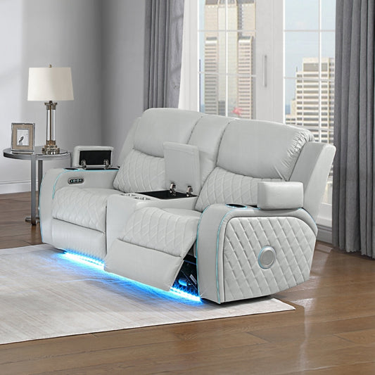 Elonzo Power Motion Loveseat w/Console, LED, Power Headrest & Speaker