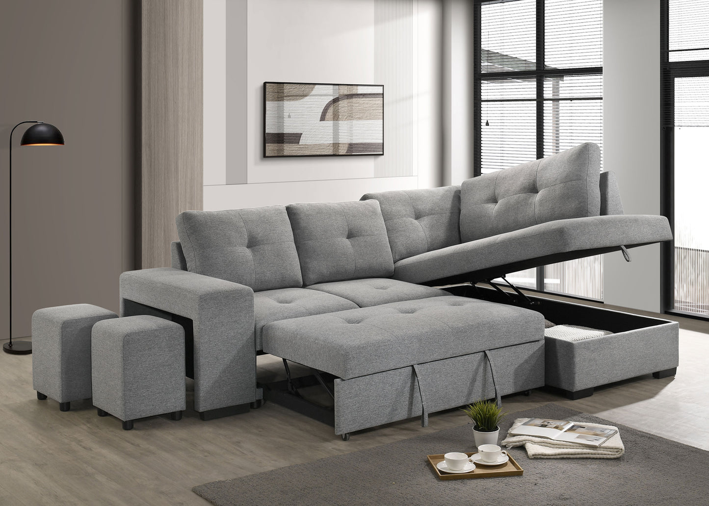Roanne Fabric Upholstered Sleeper Sectional Sofa Grey