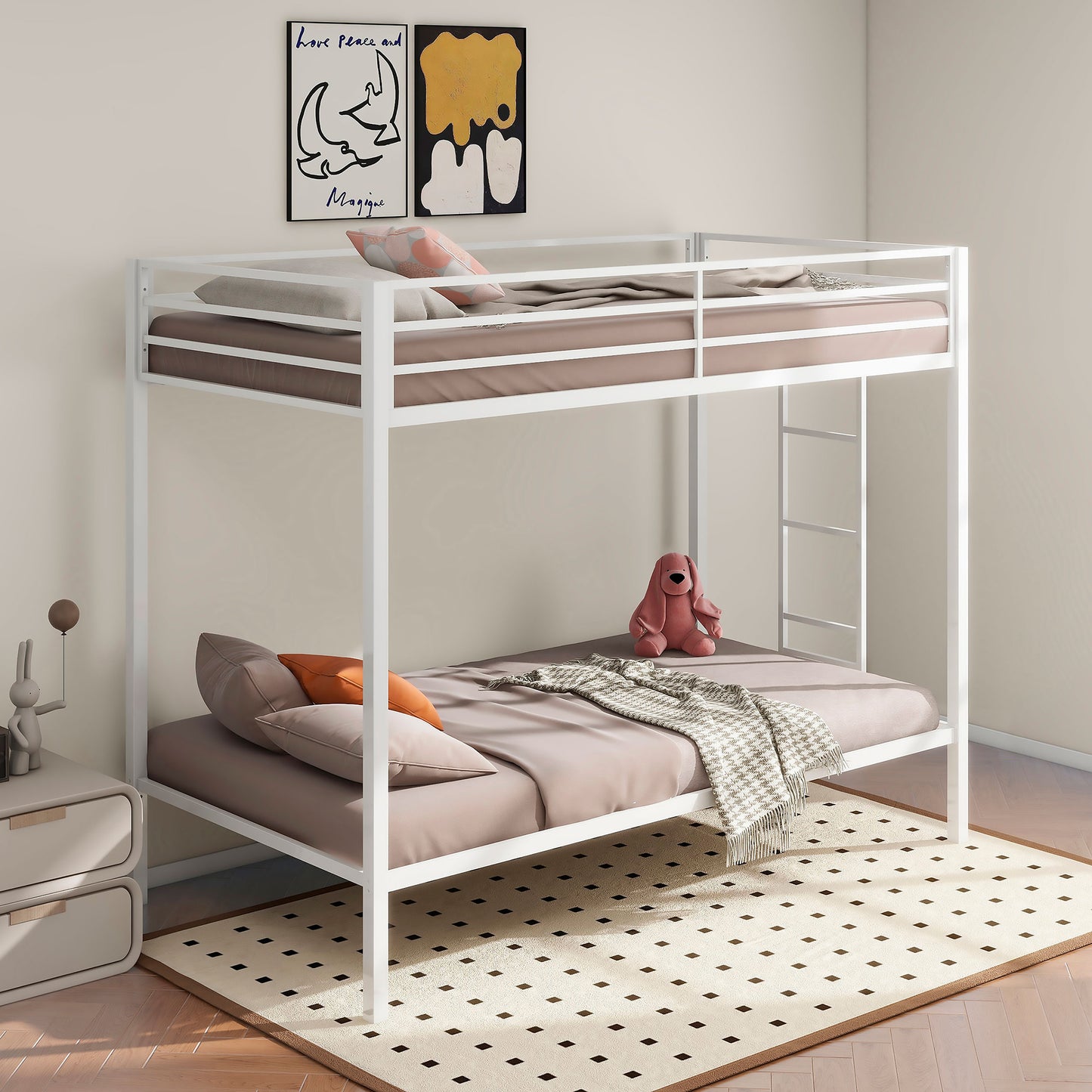 Alevera Metal Twin Over Twin Bunk Bed with Ladder White